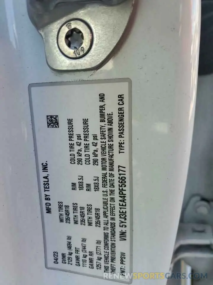 12 fotografías del automóvil dañado 5YJ3E1EA4PF566177 TESLA MODEL 3 2023