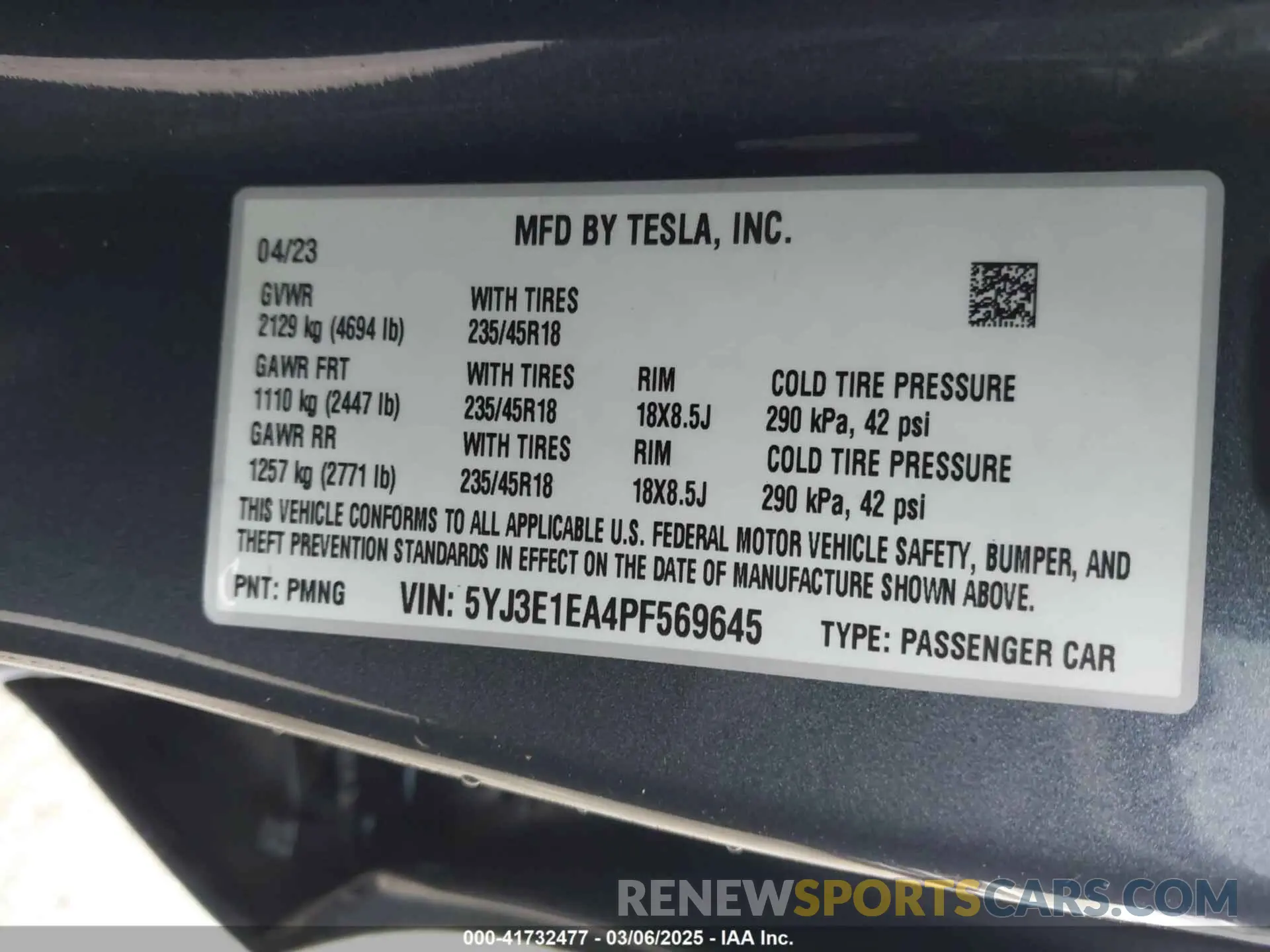 9 fotografías del automóvil dañado 5YJ3E1EA4PF569645 TESLA MODEL 3 2023