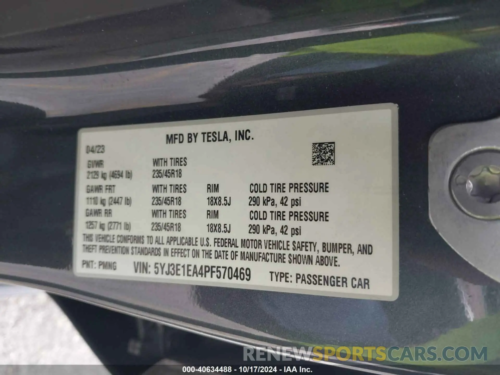 9 fotografías del automóvil dañado 5YJ3E1EA4PF570469 TESLA MODEL 3 2023