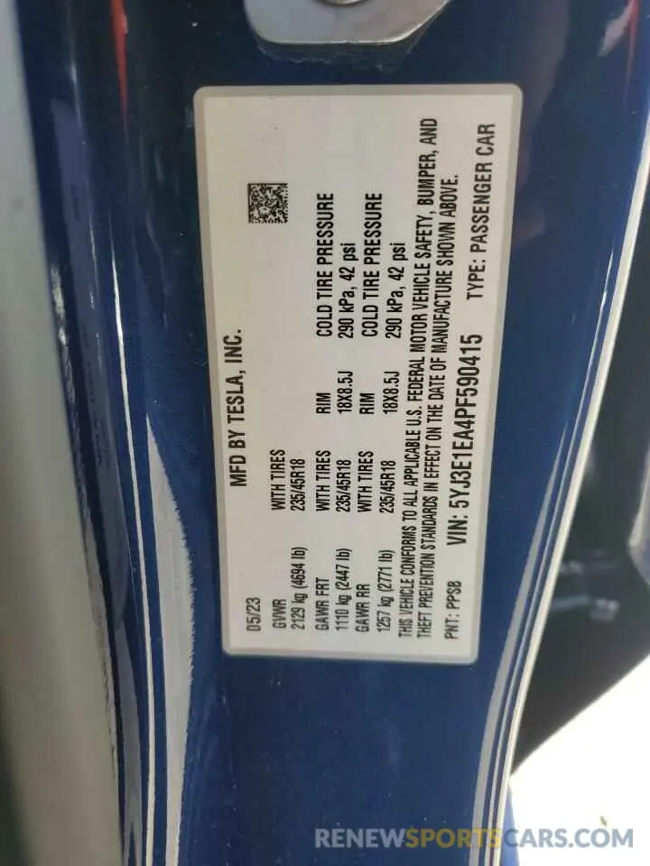 13 fotografías del automóvil dañado 5YJ3E1EA4PF590415 TESLA MODEL 3 2023