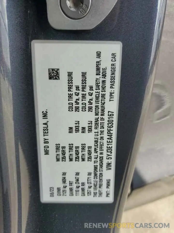 15 fotografías del automóvil dañado 5YJ3E1EA4PF630167 TESLA MODEL 3 2023