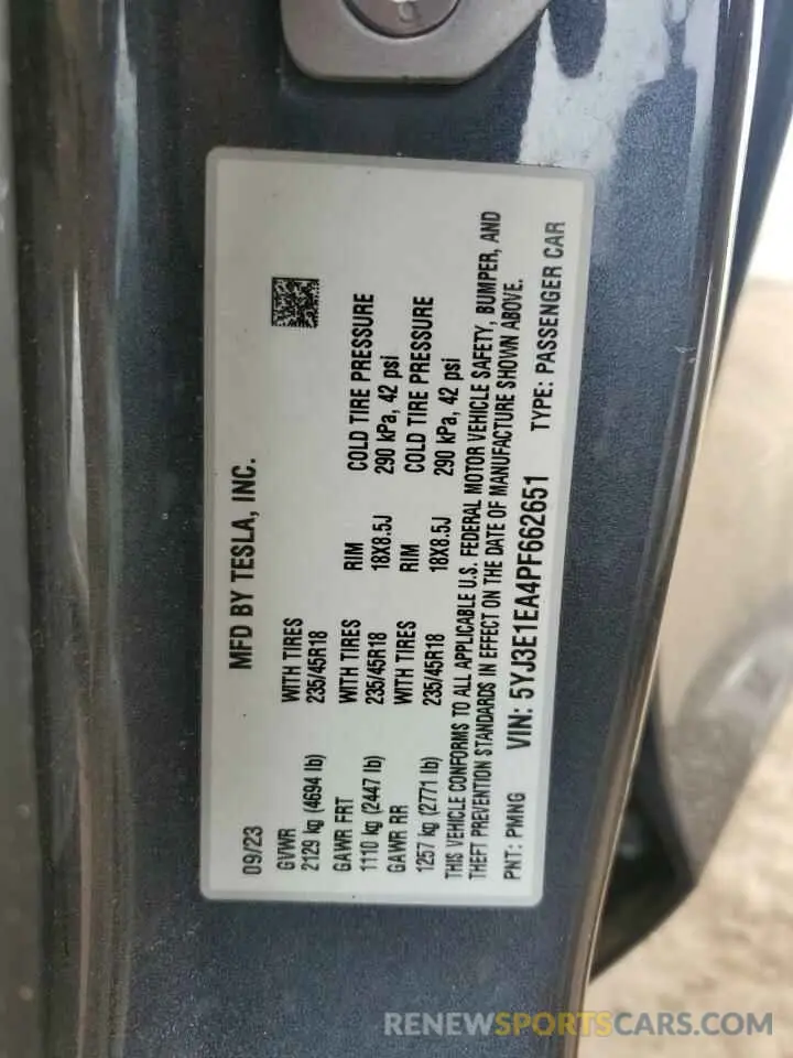 13 fotografías del automóvil dañado 5YJ3E1EA4PF662651 TESLA MODEL 3 2023