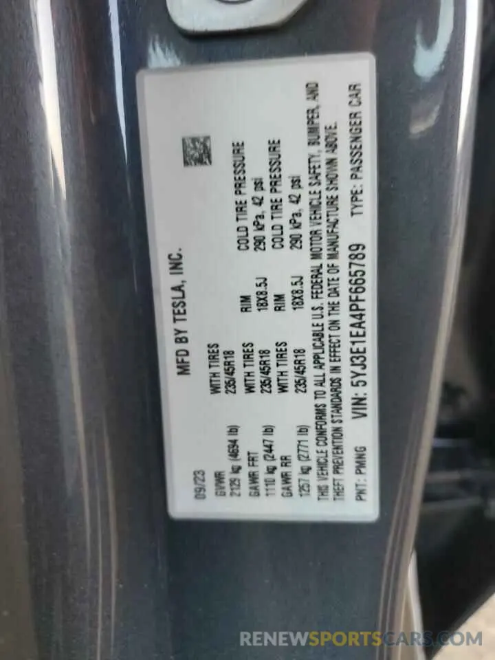 13 fotografías del automóvil dañado 5YJ3E1EA4PF665789 TESLA MODEL 3 2023
