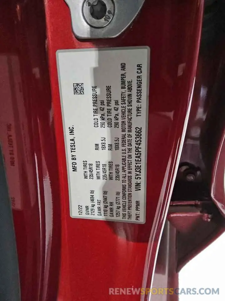 13 fotografías del automóvil dañado 5YJ3E1EA5PF453662 TESLA MODEL 3 2023