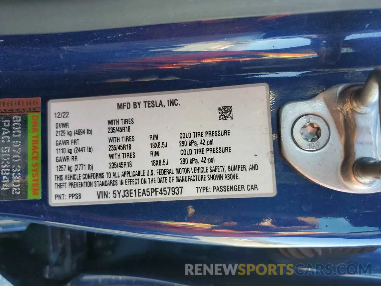 15 fotografías del automóvil dañado 5YJ3E1EA5PF457937 TESLA MODEL 3 2023
