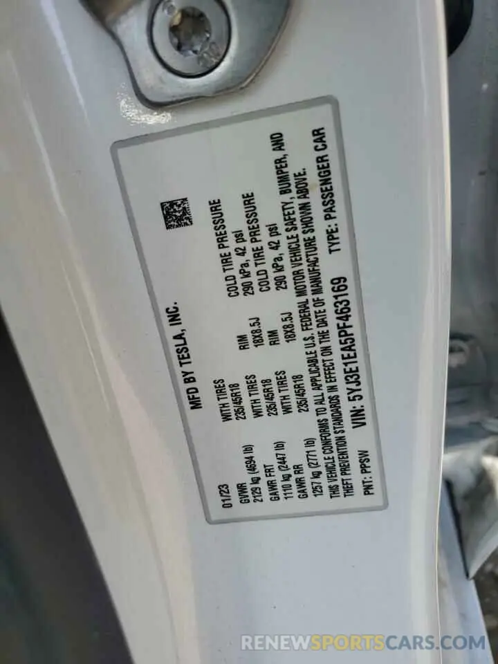 12 fotografías del automóvil dañado 5YJ3E1EA5PF463169 TESLA MODEL 3 2023