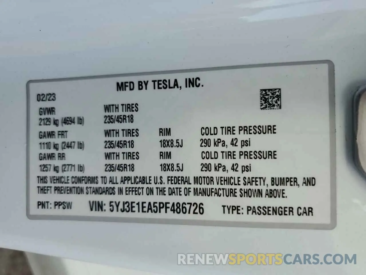 15 fotografías del automóvil dañado 5YJ3E1EA5PF486726 TESLA MODEL 3 2023