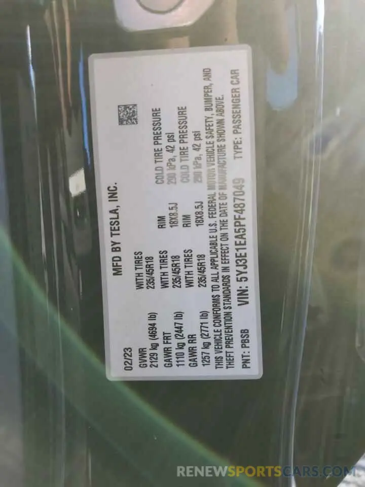 12 fotografías del automóvil dañado 5YJ3E1EA5PF487049 TESLA MODEL 3 2023