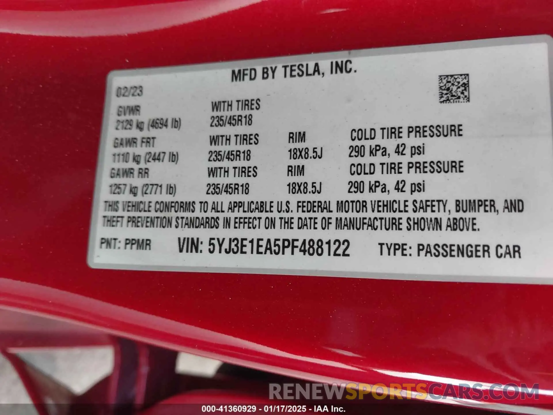 9 fotografías del automóvil dañado 5YJ3E1EA5PF488122 TESLA MODEL 3 2023