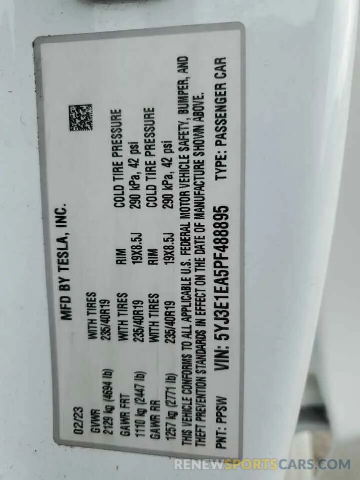 12 fotografías del automóvil dañado 5YJ3E1EA5PF488895 TESLA MODEL 3 2023