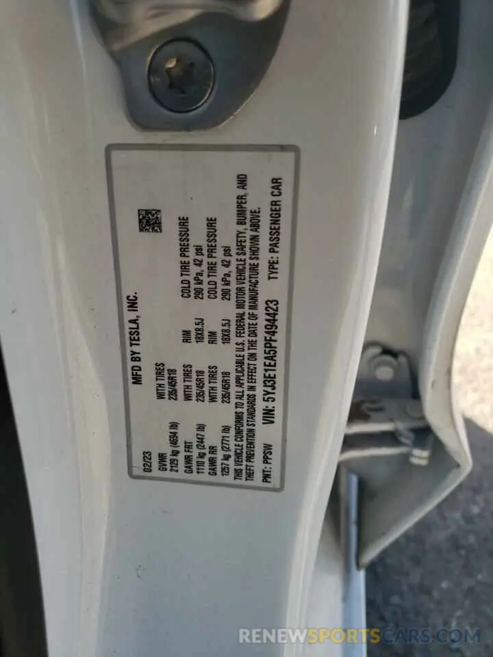 12 fotografías del automóvil dañado 5YJ3E1EA5PF494423 TESLA MODEL 3 2023