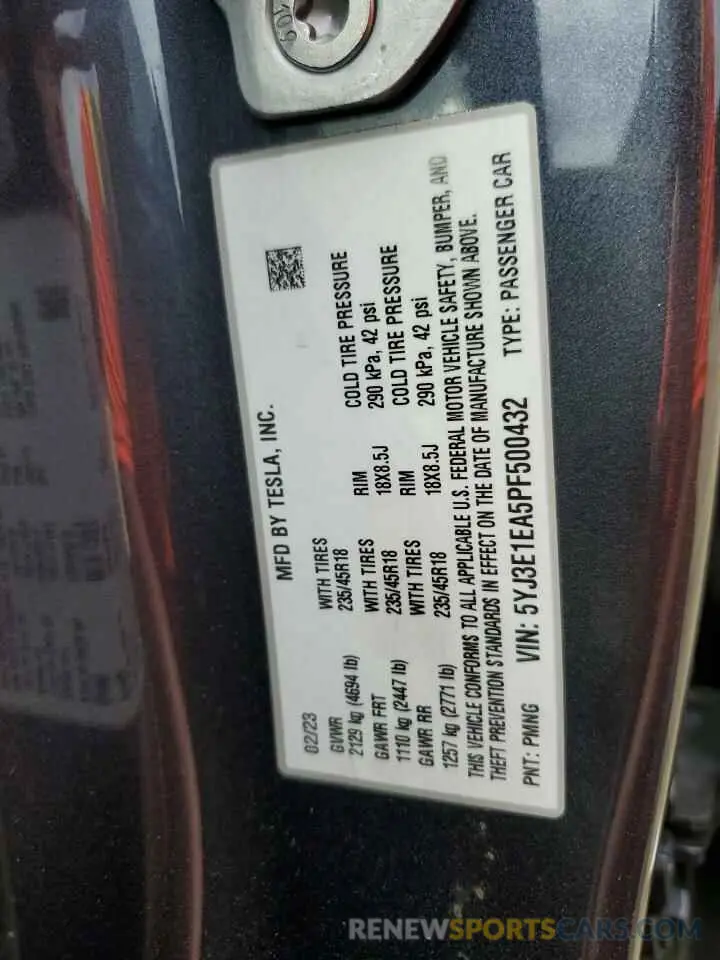 12 fotografías del automóvil dañado 5YJ3E1EA5PF500432 TESLA MODEL 3 2023