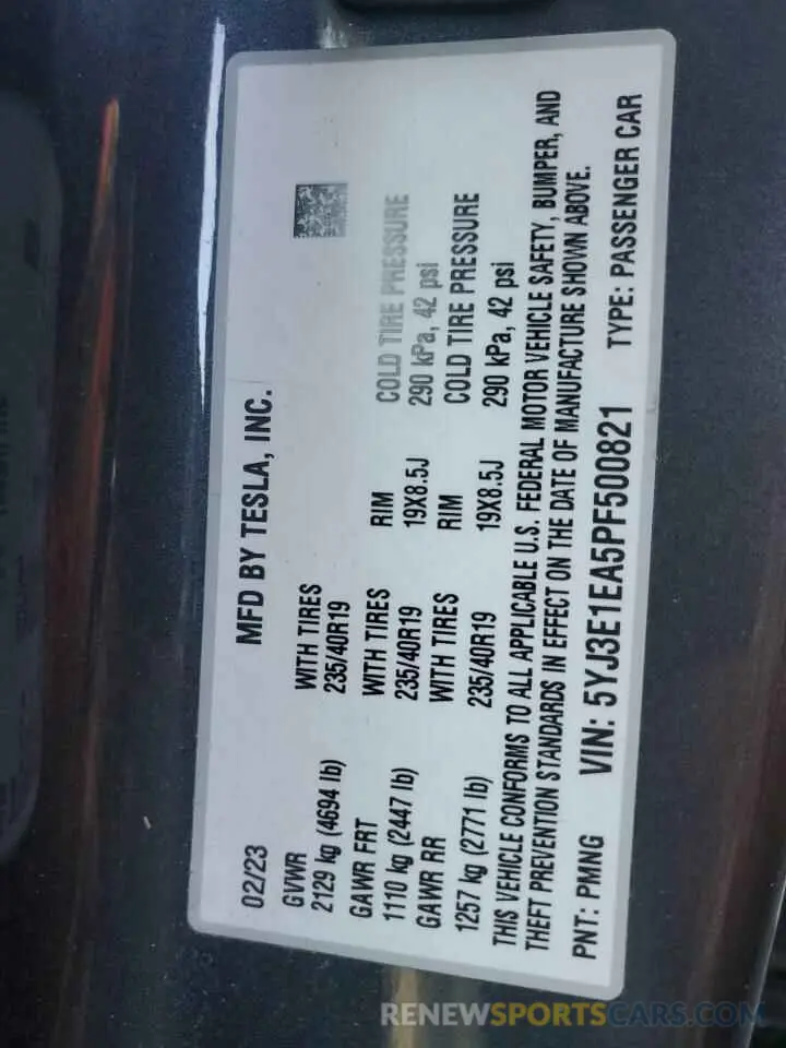 12 fotografías del automóvil dañado 5YJ3E1EA5PF500821 TESLA MODEL 3 2023