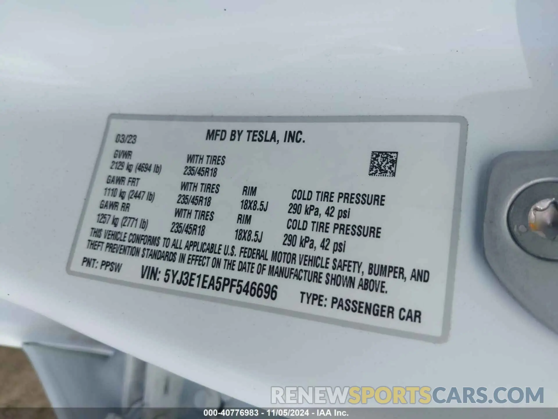 9 fotografías del automóvil dañado 5YJ3E1EA5PF546696 TESLA MODEL 3 2023