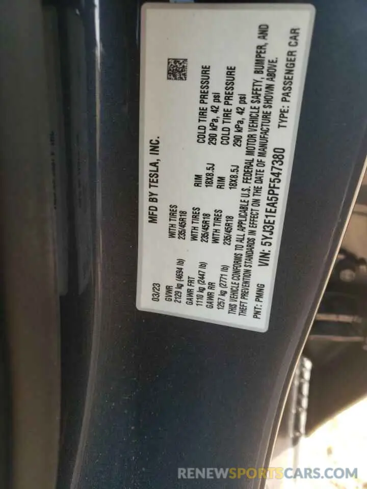 13 fotografías del automóvil dañado 5YJ3E1EA5PF547380 TESLA MODEL 3 2023