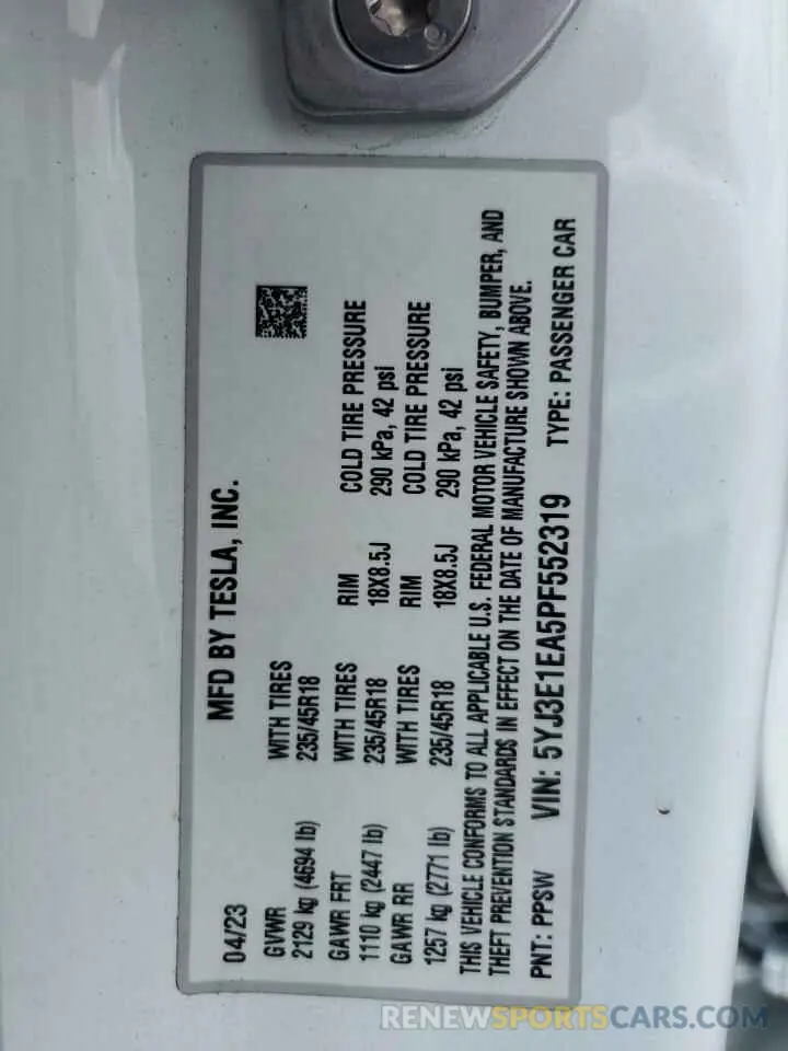 13 fotografías del automóvil dañado 5YJ3E1EA5PF552319 TESLA MODEL 3 2023