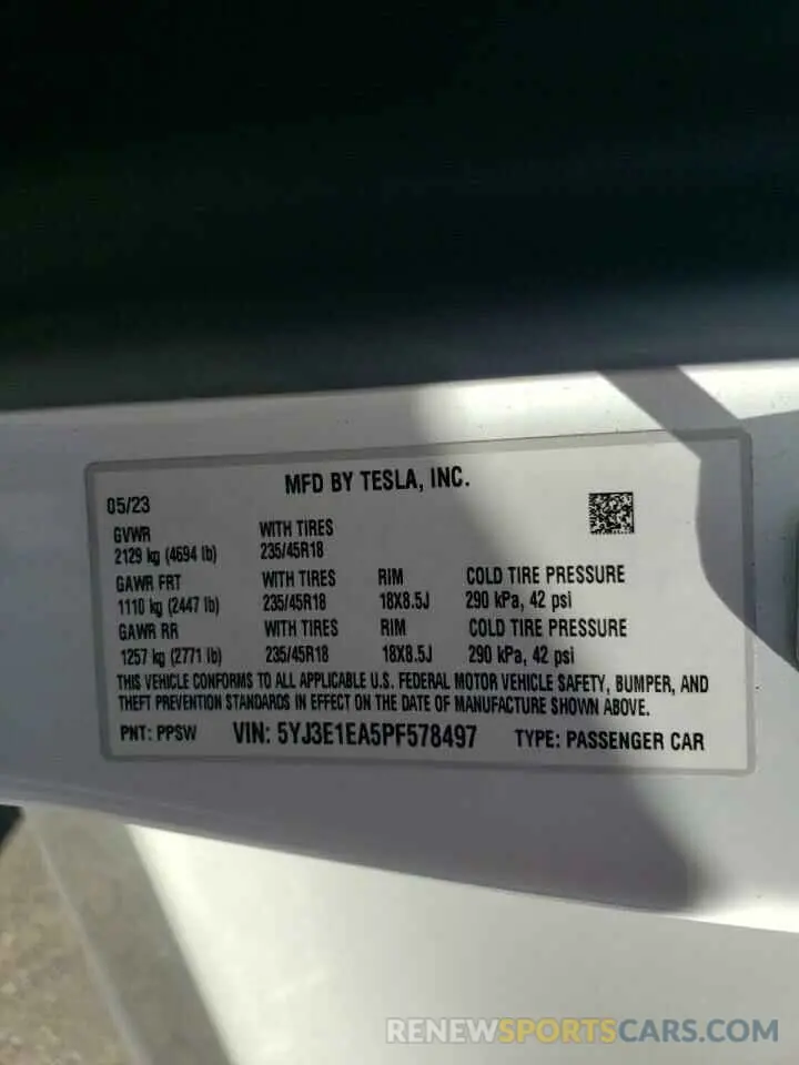 12 fotografías del automóvil dañado 5YJ3E1EA5PF578497 TESLA MODEL 3 2023