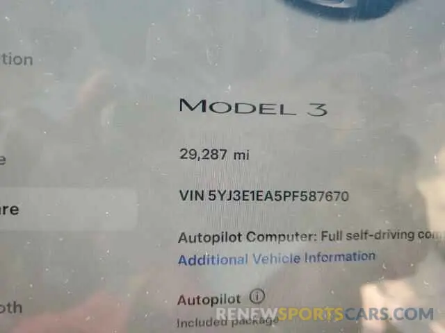 9 fotografías del automóvil dañado 5YJ3E1EA5PF587670 TESLA MODEL 3 2023