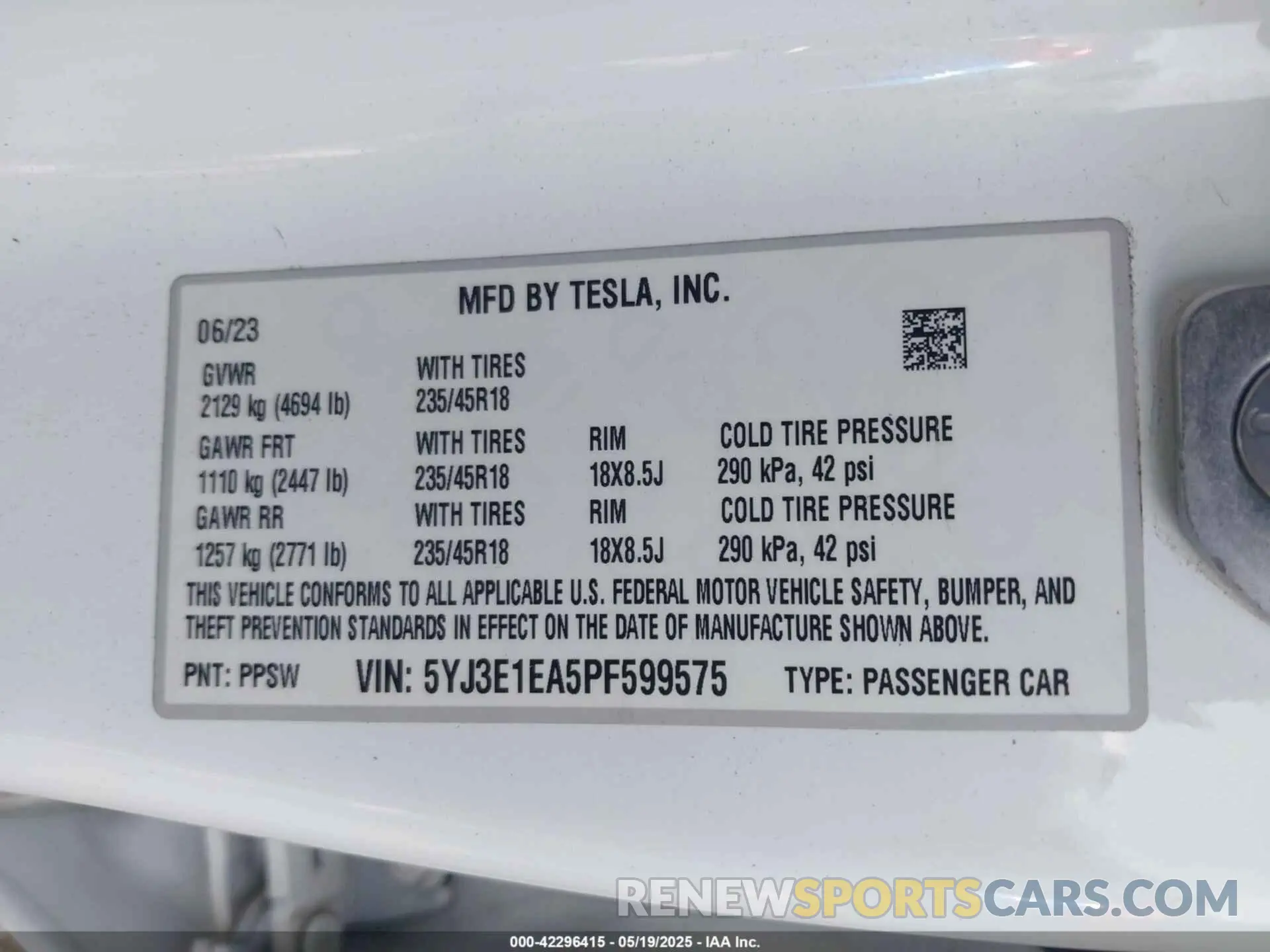 9 fotografías del automóvil dañado 5YJ3E1EA5PF599575 TESLA MODEL 3 2023