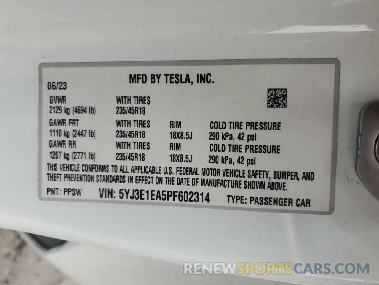 12 fotografías del automóvil dañado 5YJ3E1EA5PF602314 TESLA MODEL 3 2023