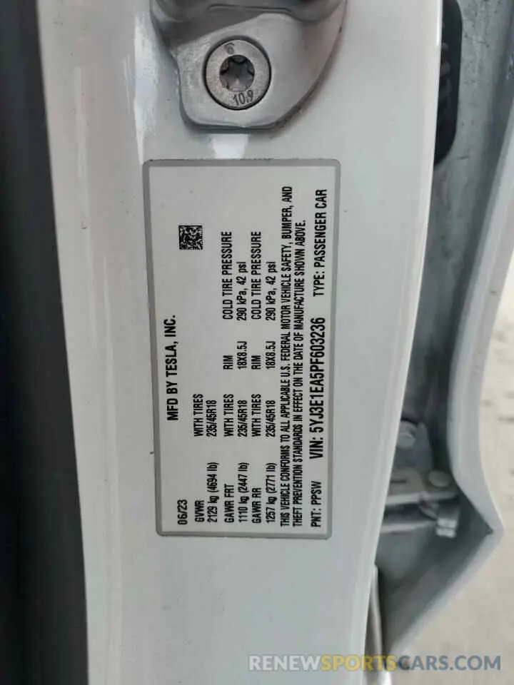 13 fotografías del automóvil dañado 5YJ3E1EA5PF603236 TESLA MODEL 3 2023