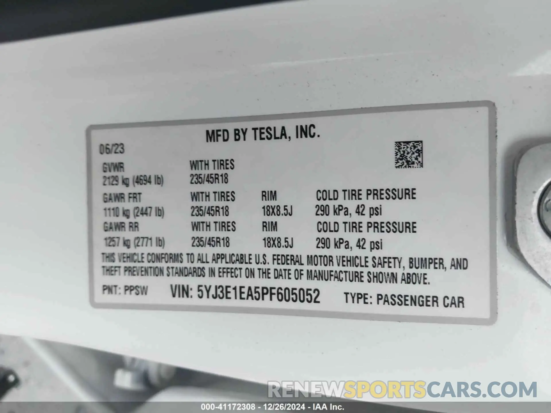 9 fotografías del automóvil dañado 5YJ3E1EA5PF605052 TESLA MODEL 3 2023