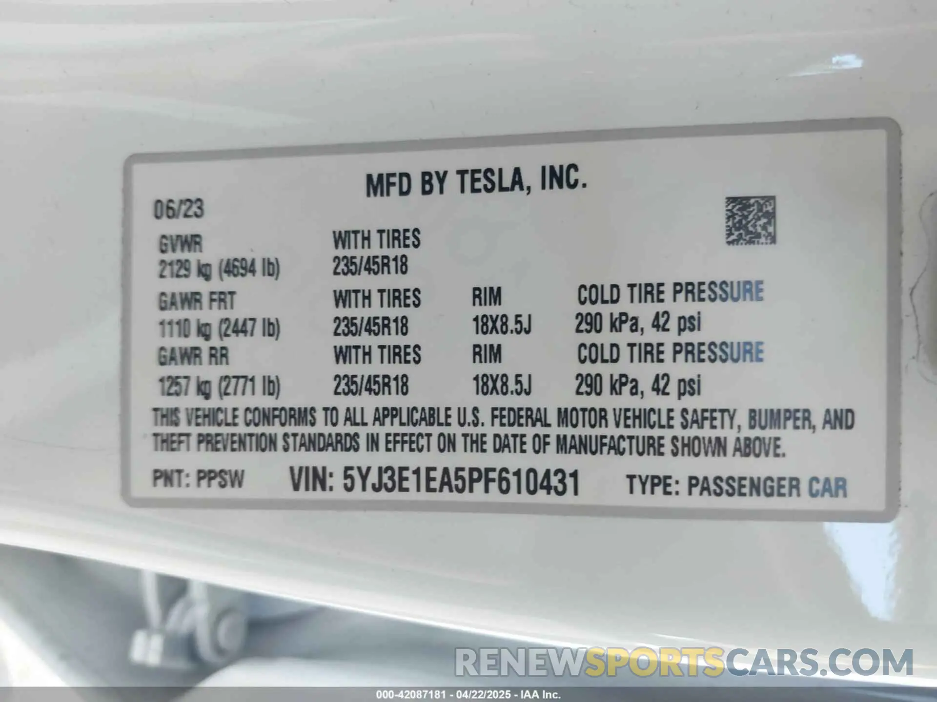 9 fotografías del automóvil dañado 5YJ3E1EA5PF610431 TESLA MODEL 3 2023