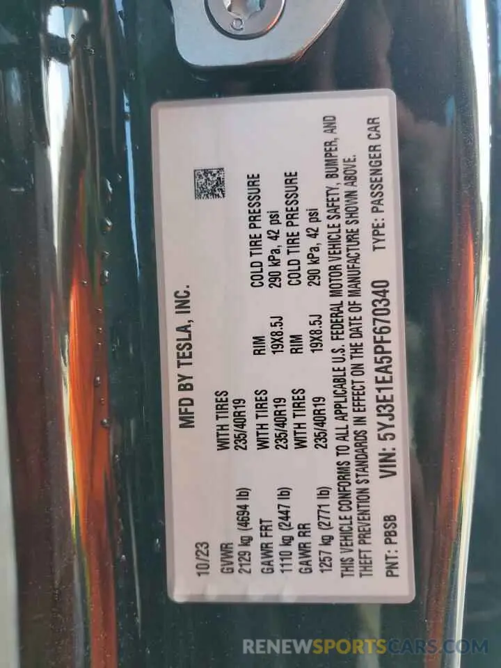 13 fotografías del automóvil dañado 5YJ3E1EA5PF670340 TESLA MODEL 3 2023