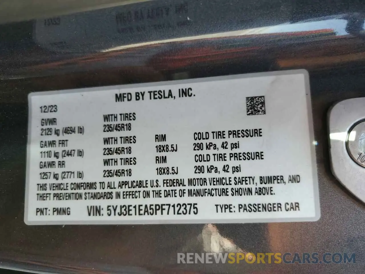 12 fotografías del automóvil dañado 5YJ3E1EA5PF712375 TESLA MODEL 3 2023