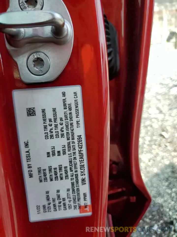 12 fotografías del automóvil dañado 5YJ3E1EA6PF422694 TESLA MODEL 3 2023