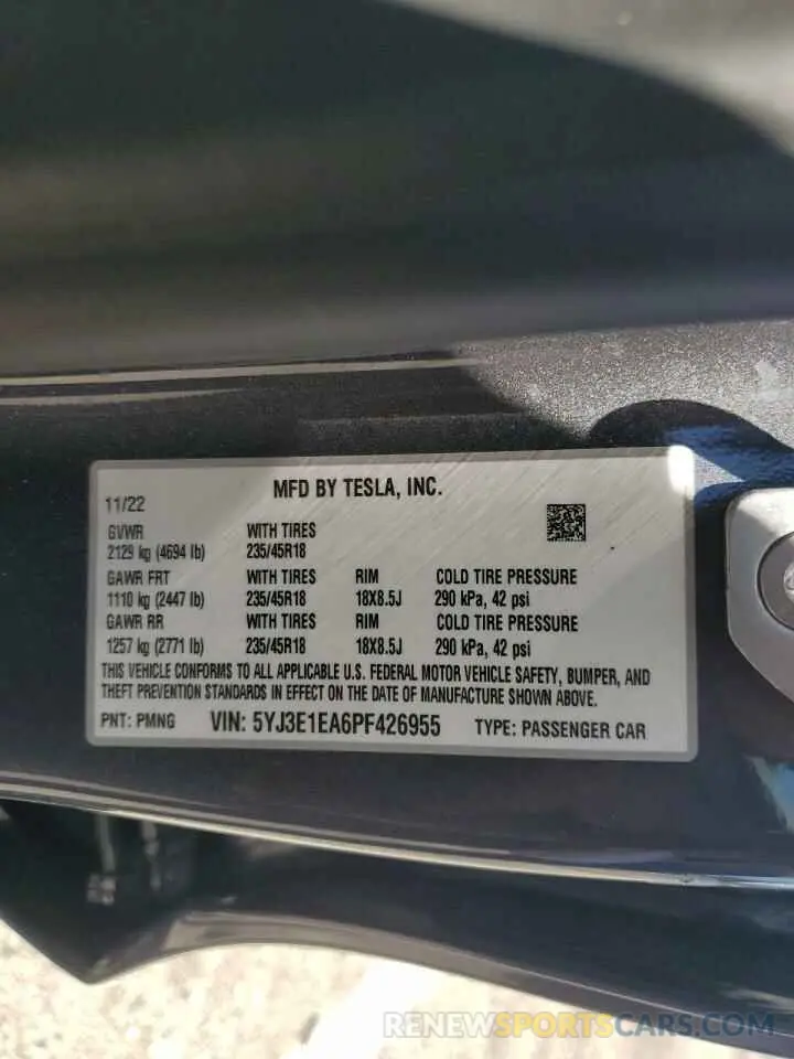 12 fotografías del automóvil dañado 5YJ3E1EA6PF426955 TESLA MODEL 3 2023