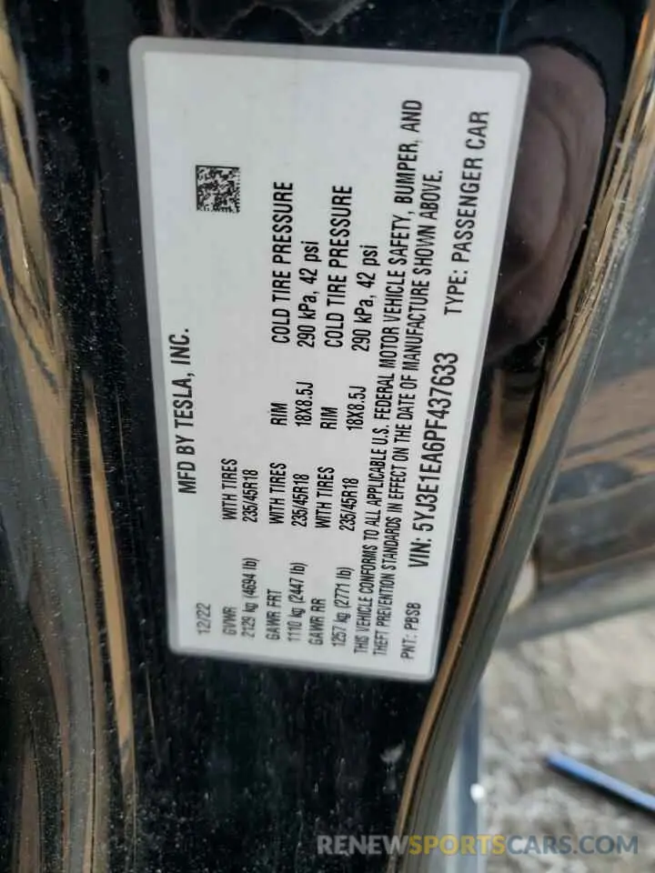 12 fotografías del automóvil dañado 5YJ3E1EA6PF437633 TESLA MODEL 3 2023