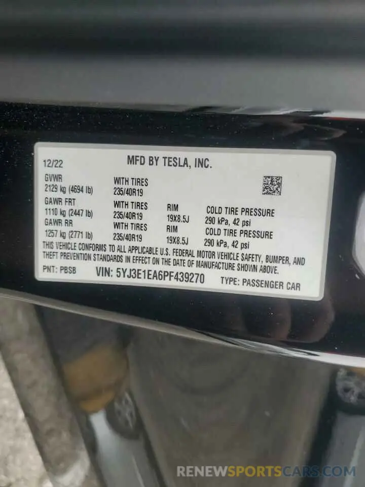 12 fotografías del automóvil dañado 5YJ3E1EA6PF439270 TESLA MODEL 3 2023