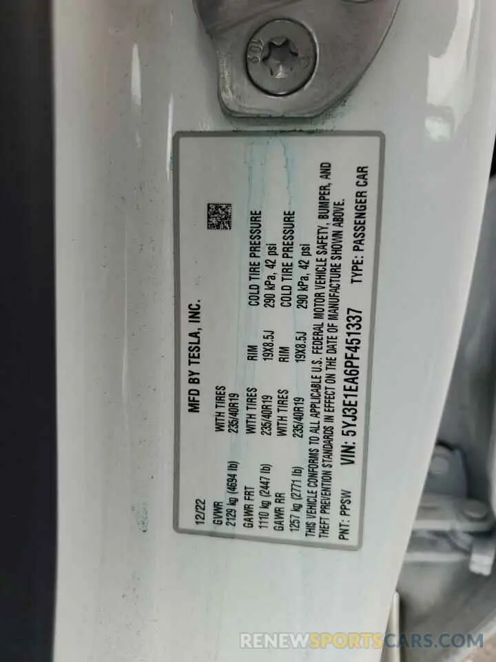 12 fotografías del automóvil dañado 5YJ3E1EA6PF451337 TESLA MODEL 3 2023