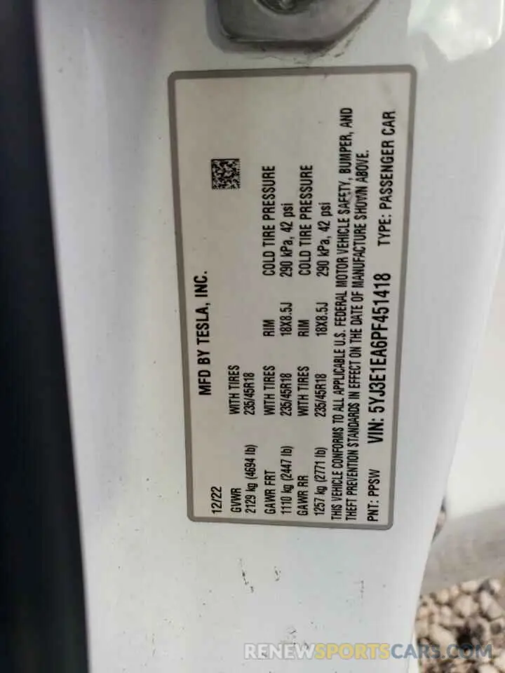 13 fotografías del automóvil dañado 5YJ3E1EA6PF451418 TESLA MODEL 3 2023