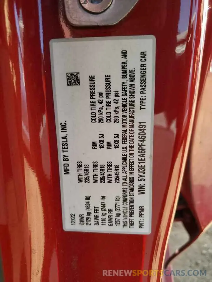 13 fotografías del automóvil dañado 5YJ3E1EA6PF460491 TESLA MODEL 3 2023