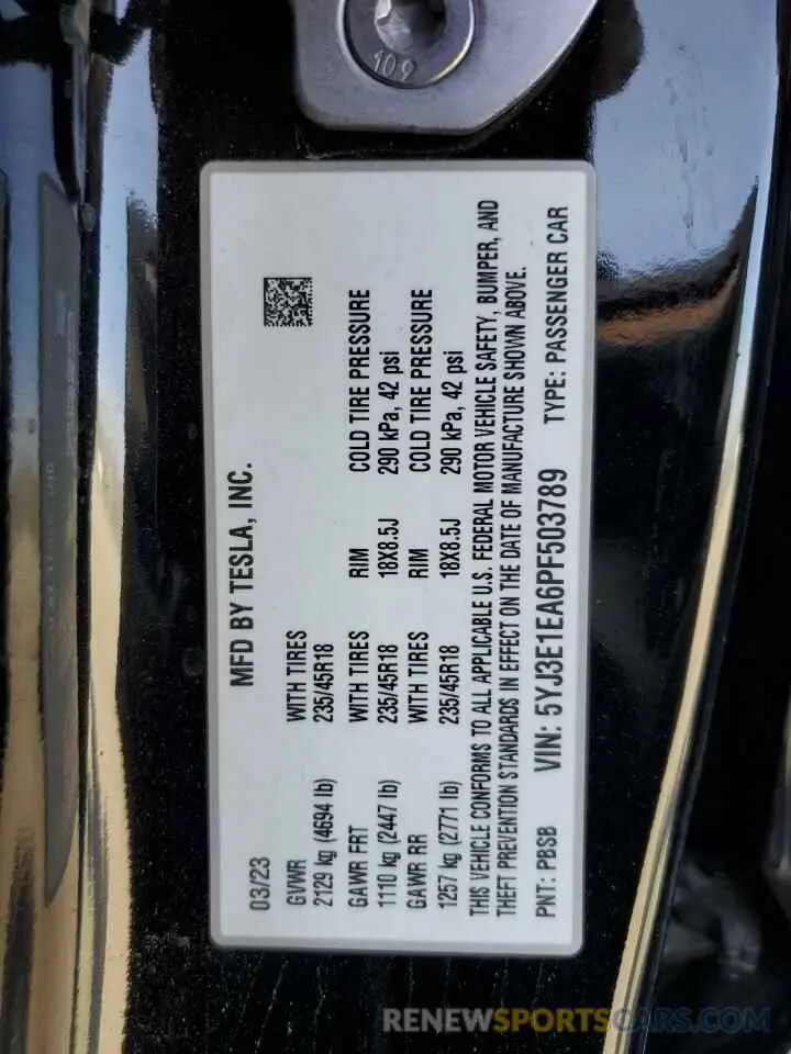 15 fotografías del automóvil dañado 5YJ3E1EA6PF503789 TESLA MODEL 3 2023