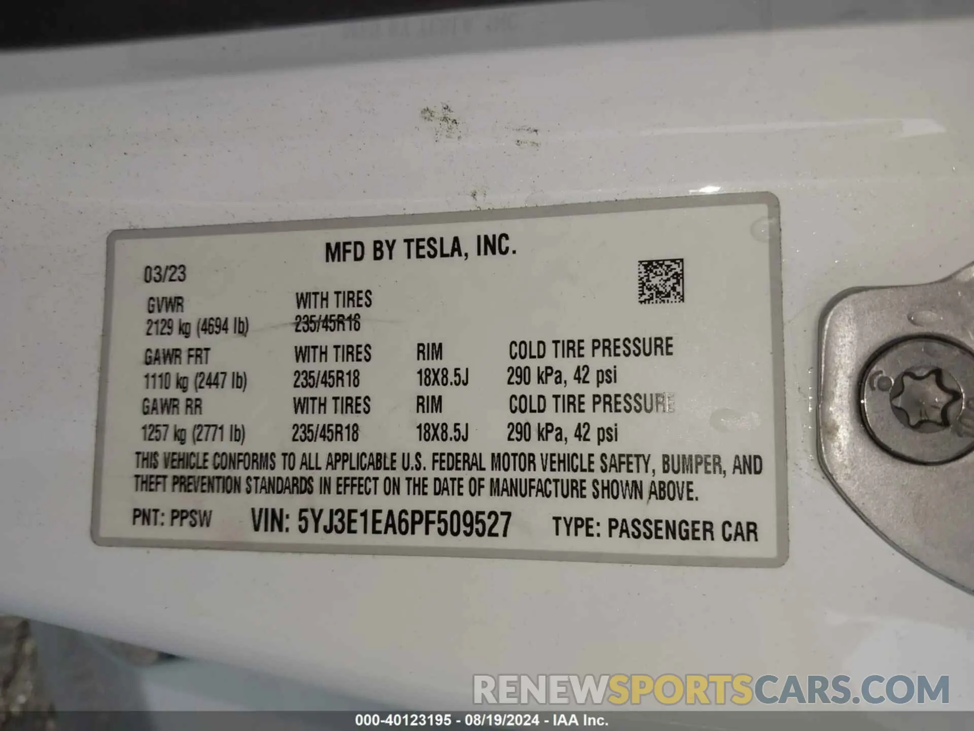 9 fotografías del automóvil dañado 5YJ3E1EA6PF509527 TESLA MODEL 3 2023