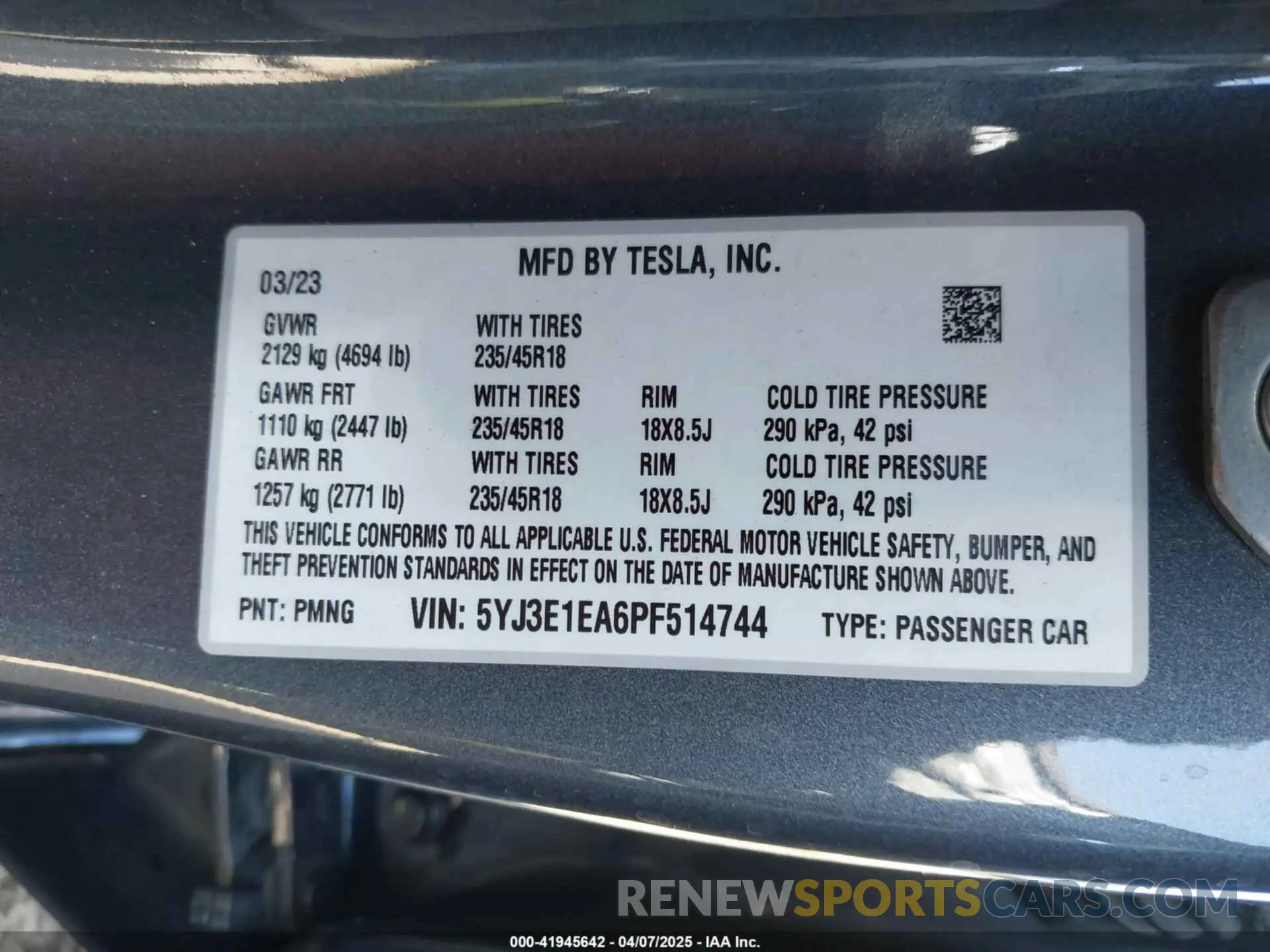 9 fotografías del automóvil dañado 5YJ3E1EA6PF514744 TESLA MODEL 3 2023