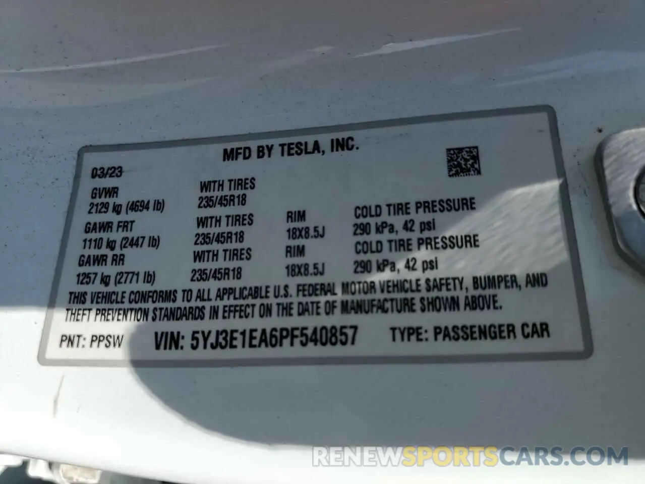 12 fotografías del automóvil dañado 5YJ3E1EA6PF540857 TESLA MODEL 3 2023