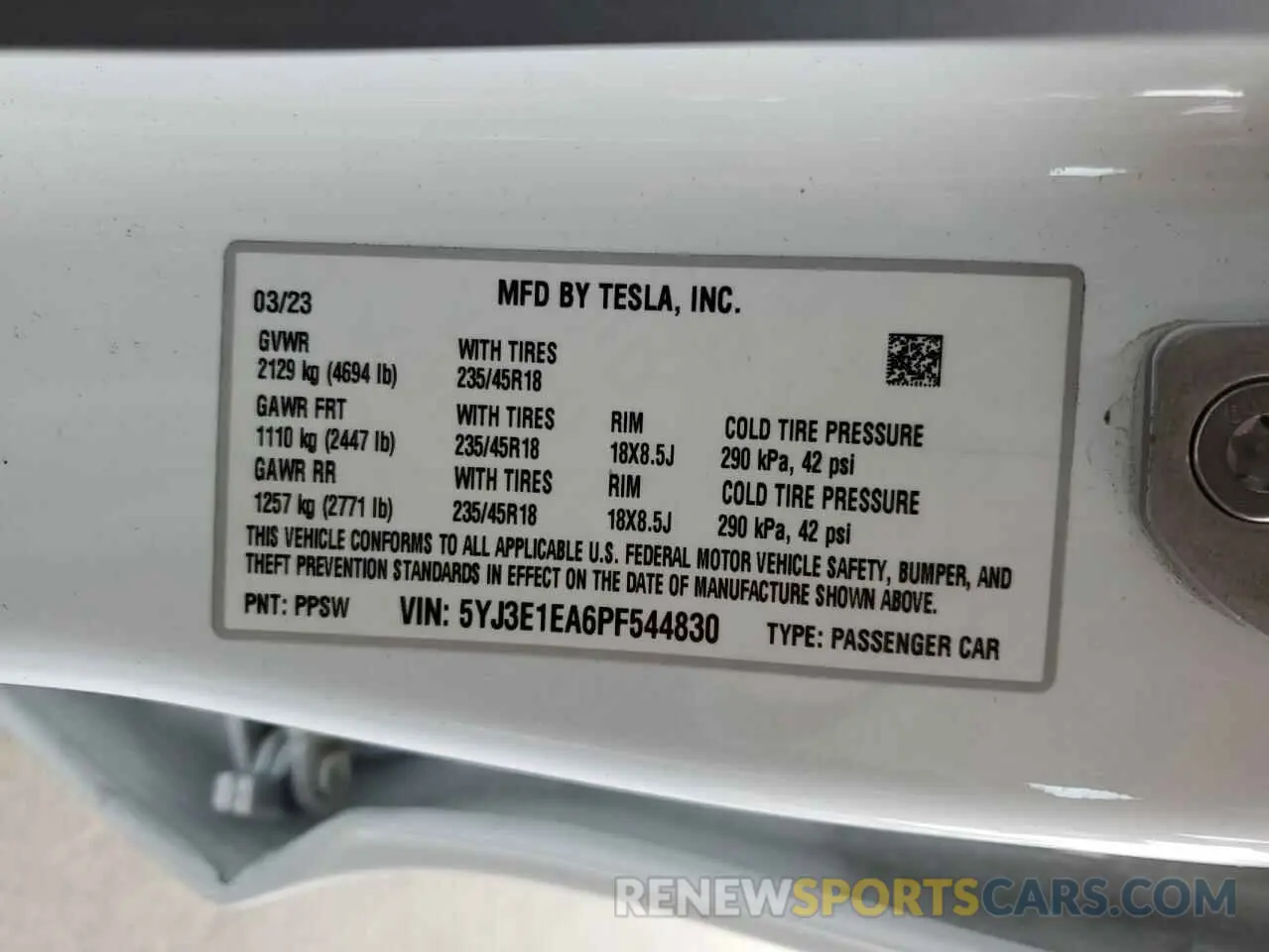 12 fotografías del automóvil dañado 5YJ3E1EA6PF544830 TESLA MODEL 3 2023