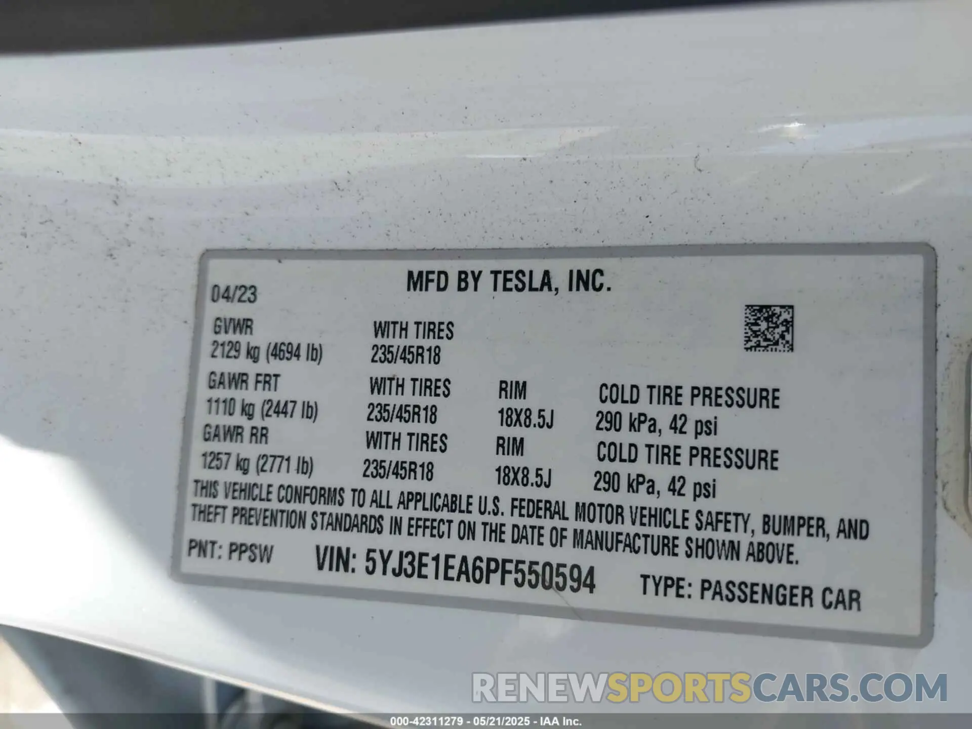 9 fotografías del automóvil dañado 5YJ3E1EA6PF550594 TESLA MODEL 3 2023