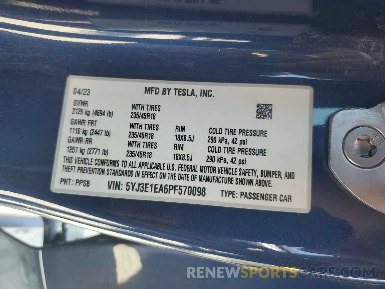 12 fotografías del automóvil dañado 5YJ3E1EA6PF570098 TESLA MODEL 3 2023