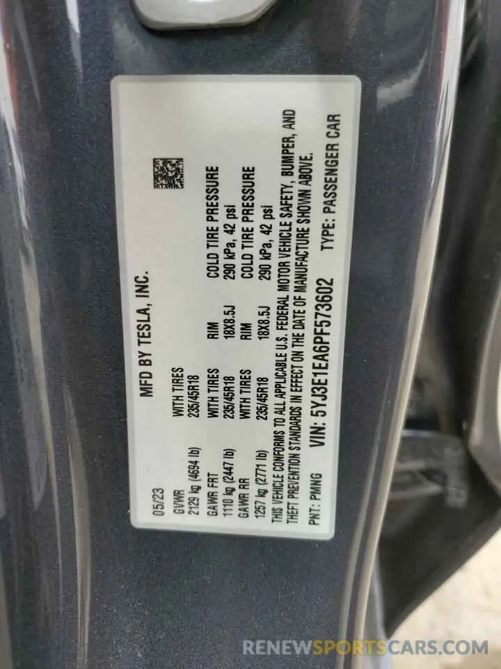 12 fotografías del automóvil dañado 5YJ3E1EA6PF573602 TESLA MODEL 3 2023