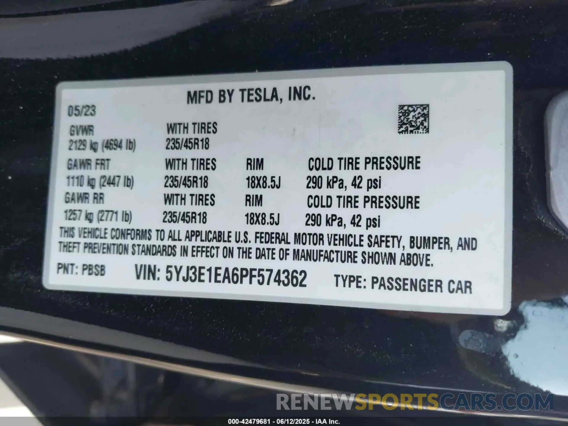 9 fotografías del automóvil dañado 5YJ3E1EA6PF574362 TESLA MODEL 3 2023