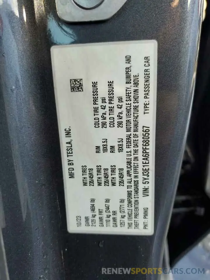 13 fotografías del automóvil dañado 5YJ3E1EA6PF680567 TESLA MODEL 3 2023