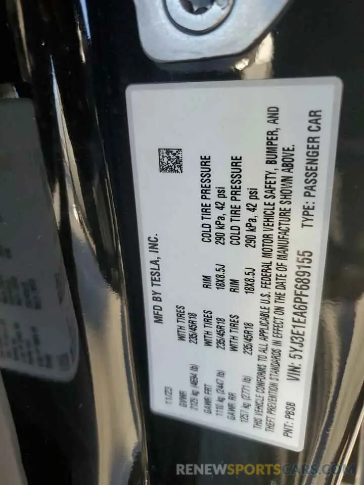 12 fotografías del automóvil dañado 5YJ3E1EA6PF689155 TESLA MODEL 3 2023