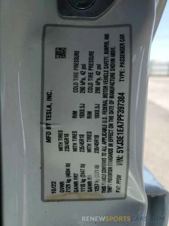12 fotografías del automóvil dañado 5YJ3E1EA7PF397384 TESLA MODEL 3 2023