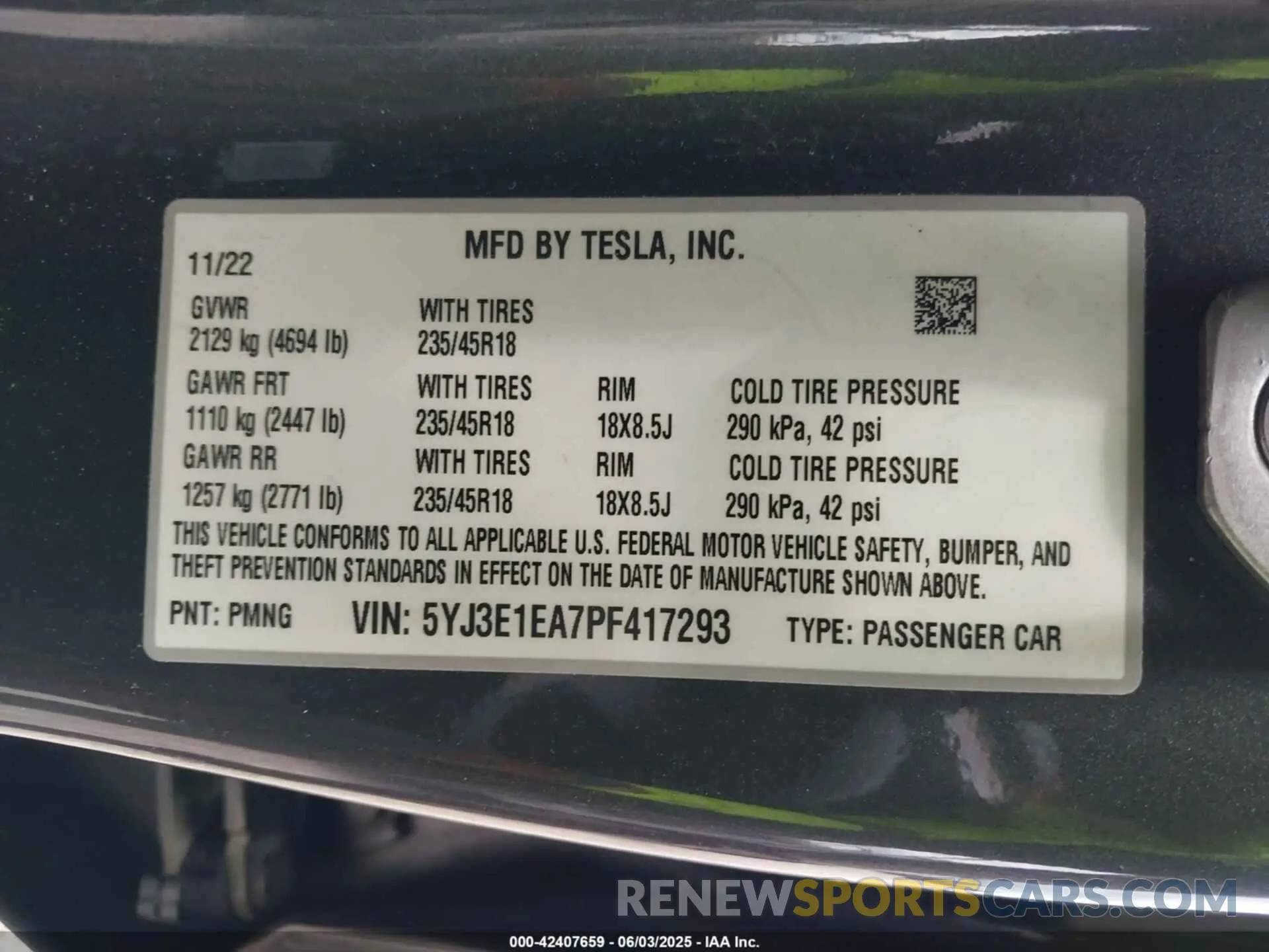 9 fotografías del automóvil dañado 5YJ3E1EA7PF417293 TESLA MODEL 3 2023