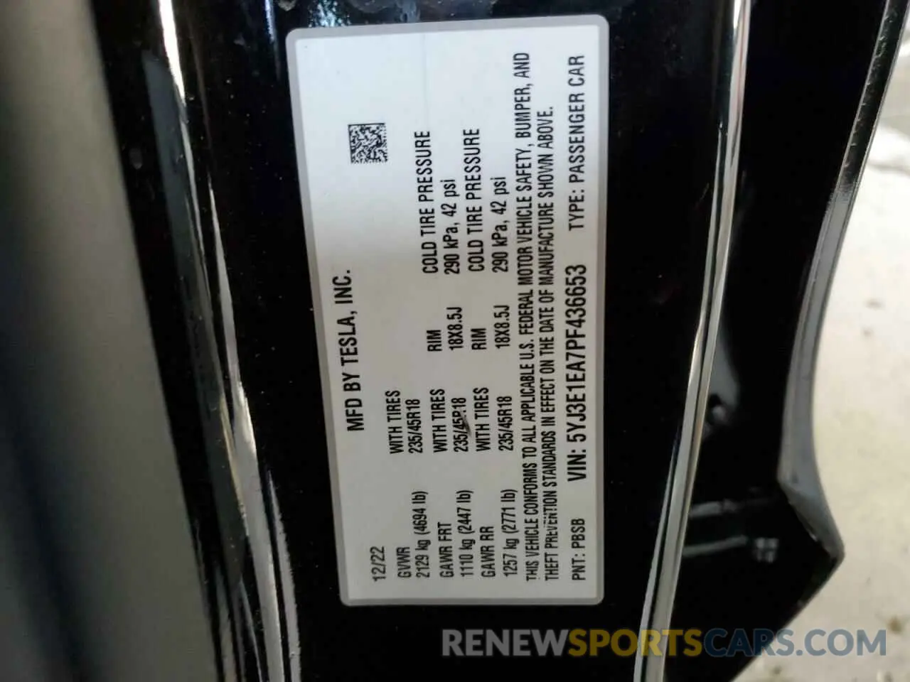 12 fotografías del automóvil dañado 5YJ3E1EA7PF436653 TESLA MODEL 3 2023